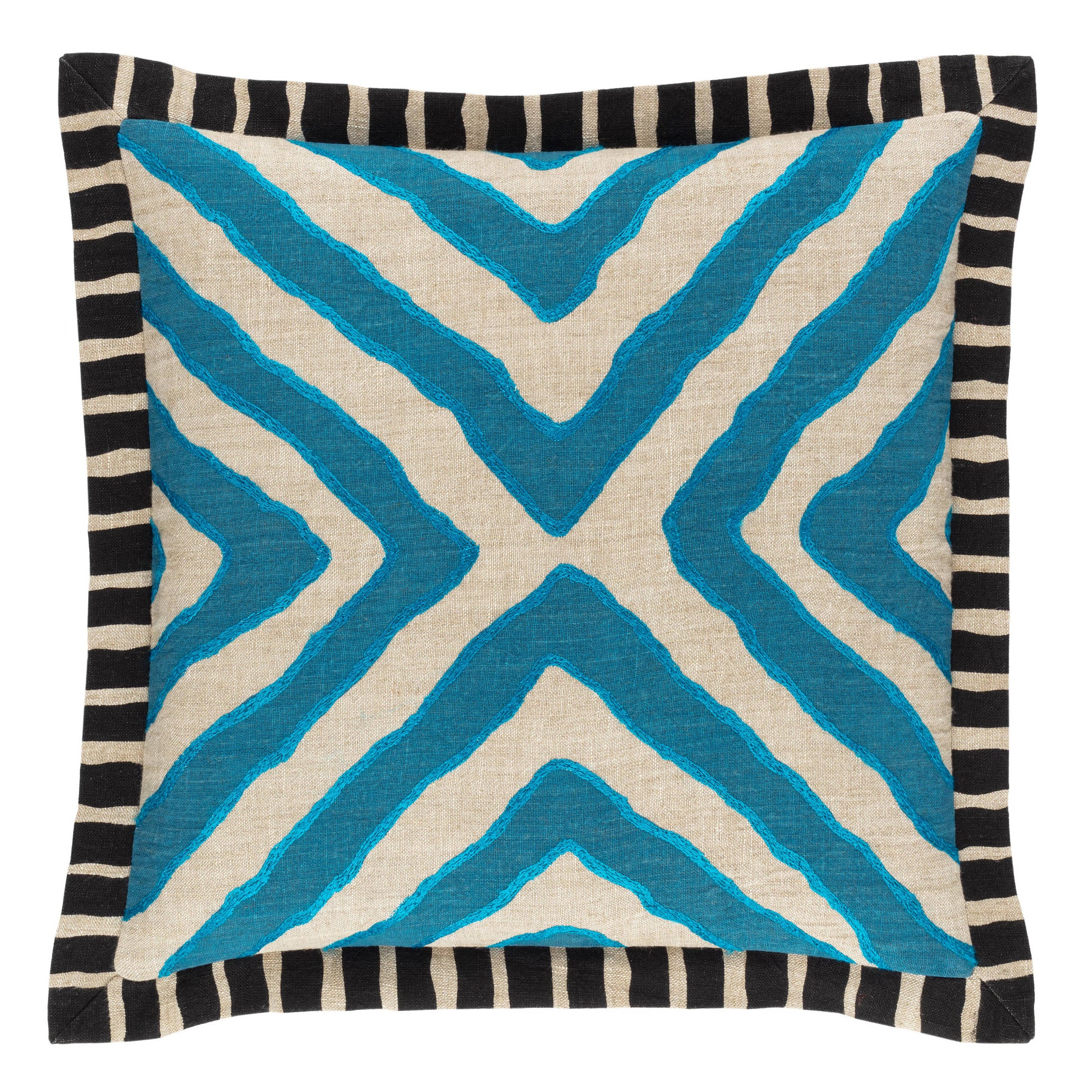 Arrows Linen Embroidered Decorative Pillow Cover | Turquoise/Natural - Image 3